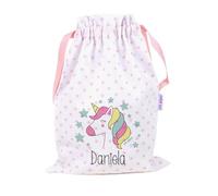 Mi Pipo - Saquito de Tela para Guarderia Personalizado - Unicornio | Bolsa Infantil en Tela Pique 100% Algodón, con Nombre | 0-3 Años, Cierre y Cintas para Colgar | Fácil Limpieza y Diseño Exclusivo