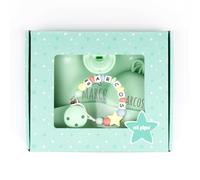 Mi Pipo - Set Cajita Gummy Personalizada | Chupete Bebe Silicona + Sujeta chupetes Personalizado con Nombre + Portachupete Bebe con Nombre + Babero Silicona Bebe Personalizado | Estrella Menta