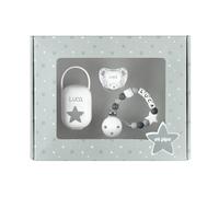 Mi Pipo - Set Chupete Bebe Personalizados + Chupetero Personalizado + Portachupetes Cajita Top | Pack Regalos Para Bebes Recien Nacidos, +6 Meses, Libre de BPA, Suave, Cómodo, Seguro | Baby Gris