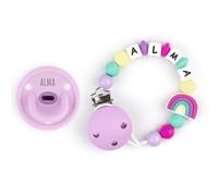 Mi Pipo - Set Chupete Personalizado Gummy + Chupetero Personalizado con Nombre | Chupete Tetina Anatómica, Libre de BPA | 0-36 Meses, Cómodo, Suave y Seguro | Limpieza Fácil y Rápida | Arcoiris Lila
