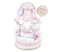 Mi Pipo - Tarta de Pañales Personalizada con Dou Dou - Conejito Rosa | con 44 Pañales Talla 2 | Regalo Bebé Recién Nacido con Accesorios para el Bebé | Baby Shower Unisex