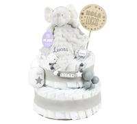 Mi Pipo - Tarta de Pañales Personalizada con Dou Dou - Elefante Gris | con 44 Pañales Talla 2 | Regalo Bebé Recién Nacido con Accesorios para el Bebé | Baby Shower Unisex