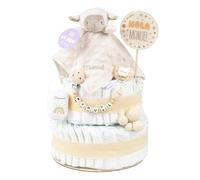 Mi Pipo - Tarta de Pañales Personalizada con Dou Dou - Ovejita Beige | con 44 Pañales Talla 2 | Regalo Bebé Recién Nacido con Accesorios para el Bebé | Baby Shower Unisex