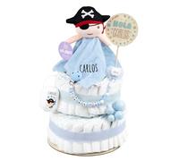 Mi Pipo - Tarta de Pañales Personalizada con Dou Dou - Pirata | con 44 Pañales Talla 2 | Regalo Bebé Recién Nacido con Accesorios para el Bebé | Baby Shower Unisex