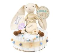 Mi Pipo - Tarta de Pañales Personalizada con Muñeco - Conejito Beige | 28 Pañales de Talla 2 | Regalo Bebé Recién Nacido con Accesorios para Bebé | Baby Shower Unisex