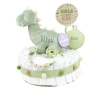 Mi Pipo - Tarta de Pañales Personalizada con Muñeco - Dinosaurio Verde | 28 Pañales de Talla 2 | Regalo Bebé Recién Nacido con Accesorios para Bebé | Baby Shower Unisex
