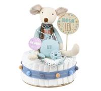 Mi Pipo - Tarta de Pañales Personalizada con Muñeco - Ratoncito Azul | 28 Pañales de Talla 2 | Regalo Bebé Recién Nacido con Accesorios para Bebé | Baby Shower Unisex