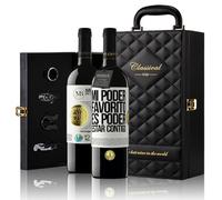 «mi poder favorito es poder estar contigo» Mensaje en una Botella. Estuche-Maletín de LUJO 2x Vino Tinto Premium Reserva 12 Meses y Set de 4 Accesorios. Etiqueta Blanca PERSONALIZABLE