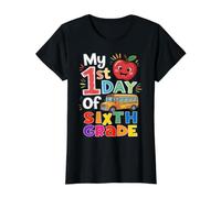 Mi Primer día del autobús Escolar de Sexto Grado Apple Regreso a Clases Camiseta gráfica económica, Mujer, Negro, XS