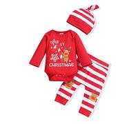Mi Primer Navidad bebé Niñas niños Romper Rojo con pantalones de rayas y gorro Juego de 3 piezas, 6 mes