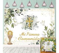 Mi Primer Telón de Fondo para Primera Comunión, Bautizo, Fondo para Fotografía, Fondo Dorado, Cruz Verde, Hojas Verdes, Bendición de Dios, Bautizo Neutro, Decoraciones para Baby Shower