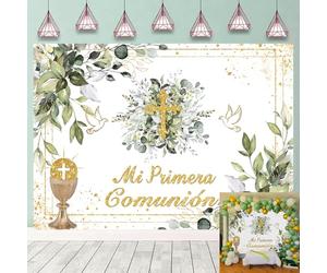 Mi Primer Telón de Fondo para Primera Comunión, Bautizo, Fondo para Fotografía, Fondo Dorado, Cruz Verde, Hojas Verdes, Bendición de Dios, Bautizo Neutro, Decoraciones para Baby Shower