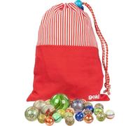 Bolas de vidrio en una bolsa roja