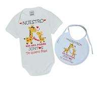 MI SORPRESA PACK de Body + Babero para Bebé con frase : Nuestro Primer Día del Padre Juntos Te quiero Papi REGALO PAPÁ ABUELO (PACK BABERO BODY MANGA CORTA, 1 MES, JIRAFA)