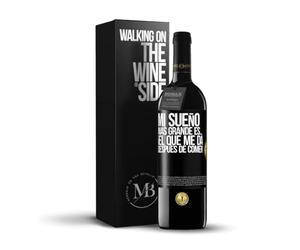 «Mi sueño más grande es… ¡el que me da después de comer!» Mensaje en una Botella. Vino Tinto Premium Reserva 12 Meses + Gift Box. Etiqueta Negra PERSONALIZABLE