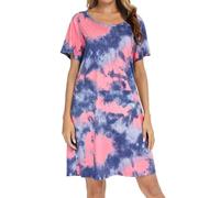 MIA LUCCE Camisón de manga corta para mujer, camiseta de dormir de algodón, camisón de noche, vestido de dormir, camiseta corta con estampado y cuello redondo, Azul Rojo Tiedye, S