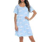 MIA LUCCE Camisón de Manga Corta para Mujer, Camiseta de Dormir de algodón, camisón de Noche, Vestido de Noche, Vestido de Dormir, Corto, Camiseta de Verano con Estampado y Cuello Redondo, Blue Moon