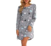MIA LUCCE Camisón de manga larga para mujer, camisón de algodón, camisón de dormir, vestido de casa, camisón suave y ligero, vestido de noche para mujer, Búho gris, XXL