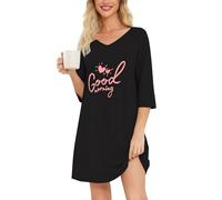 MIA LUCCE Camisón de manga larga para mujer, camisón de algodón, camisón de dormir, vestido de casa, camisón suave y ligero, vestido de noche para mujer, Letras negras, XXL