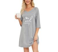 MIA LUCCE Camisón de manga larga para mujer, camisón de algodón, camisón de dormir, vestido de casa, camisón suave y ligero, vestido de noche para mujer, Letras grises, XXL