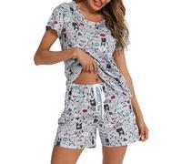 MIA LUCCE Pijama corto de algodón para mujer, ropa de dormir de dos piezas para mujer, conjunto de pijama de verano, traje de casa con estampado dulce parte superior y pantalón corto, camiseta de