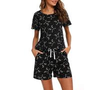 MIA LUCCE Pijama corto de algodón para mujer, ropa de dormir de dos piezas para mujer, conjunto de pijama de verano, traje de casa con estampado dulce parte superior y pantalón corto de dormir con