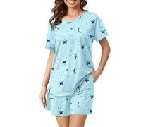 MIA LUCCE Pijama corto de algodón para mujer, ropa de dormir de dos piezas para mujer, conjunto de pijama de verano, traje de casa con estampado dulce parte superior y pantalón corto, camiseta de