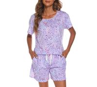 MIA LUCCE Pijama corto para mujer de algodón, ropa de dormir, conjunto de dos piezas, pijama de verano para mujer, conjunto de casa, estampados dulces, camiseta y pantalón corto de dormir, camiseta