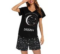 MIA LUCCE Pijama corto para mujer de algodón, ropa de dormir, conjunto de dos piezas, pijama de verano para mujer, conjunto de casa, estampados dulces, camiseta y pantalón corto de dormir, camiseta