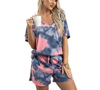 MIA LUCCE Pijama corto para mujer de algodón, ropa de dormir, conjunto de dos piezas, pijama de verano para mujer, conjunto de casa, estampados dulces, camiseta y pantalón corto de dormir, camiseta