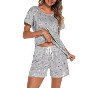 MIA LUCCE Pijama corto para mujer de algodón, ropa de dormir, conjunto de dos piezas, pijama de verano para mujer, conjunto de casa, estampados dulces, camiseta y pantalón corto de dormir, camiseta