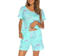 MIA LUCCE Pijama corto para mujer de algodón, ropa de dormir, conjunto de dos piezas, pijama de verano para mujer, conjunto de casa, estampados dulces, camiseta y pantalón corto de dormir, camiseta