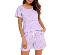 MIA LUCCE Pijama corto para mujer de algodón, ropa de dormir de dos piezas, conjunto de verano, con estampados bonitos, camiseta y pijama corto, ropa de estar en casa con cuello redondo/cuello en V