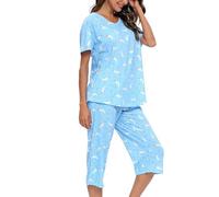 MIA LUCCE Pijama de dos piezas para mujer, pijama de verano, ropa de dormir corta de algodón, traje de casa Capri Sleepwear parte superior y pantalón 3/4 S-XXL, S