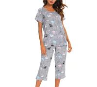 MIA LUCCE Pijama de dos piezas para mujer, pijama de verano, ropa de dormir corta de algodón, traje de casa Capri Sleepwear parte superior y pantalón 3/4 S-XXL, búho, XL