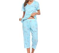 MIA LUCCE Pijama de dos piezas para mujer, pijama de verano, ropa de dormir corta de algodón, traje de casa Capri Sleepwear parte superior y pantalón 3/4 S-XXL, mariposas, 3XL