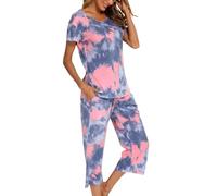 MIA LUCCE Pijama de dos piezas para mujer, pijama de verano, ropa de dormir corta de algodón, traje de casa Capri Sleepwear parte superior y pantalón 3/4 S-XXL, M