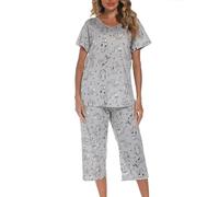 MIA LUCCE Pijama de dos piezas para mujer, pijama de verano, ropa de dormir corta de algodón, traje de casa Capri Sleepwear parte superior y pantalón 3/4 S-XXL, Gato gris., 3XL