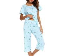 MIA LUCCE Pijama de dos piezas para mujer, pijama de verano, ropa de dormir corta de algodón, traje de casa Capri Sleepwear parte superior y pantalón 3/4 S-XXL, Luna., 3XL