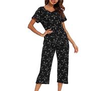 MIA LUCCE Pijama de dos piezas para mujer, pijama de verano, ropa de dormir corta de algodón, traje de casa Capri Sleepwear parte superior y pantalón 3/4 S-XXL, multicolor, diseño de gato, 3XL
