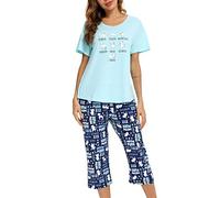 MIA LUCCE Pijama de dos piezas para mujer, pijama de verano, ropa de dormir corta de algodón, traje de casa Capri Sleepwear parte superior y pantalón 3/4 S-XXL, Gato azul., 3XL