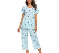 MIA LUCCE Pijama de dos piezas para mujer, pijama de verano, ropa de dormir corta de algodón, traje de casa Capri Sleepwear parte superior y pantalón 3/4 S-XXL, Estrella azul claro, M