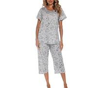 MIA LUCCE Pijama de dos piezas para mujer, pijama de verano, ropa de dormir corta de algodón, traje de casa Capri Sleepwear parte superior y pantalón 3/4 S-XXL, Gato gris., S