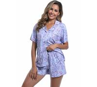 MIA LUCCE Pijama de mujer de manga corta y corto, conjunto de pijama de 92% poliéster y 8% elastano, cómodo y transpirable, con cuello en V y cierre de botones, pijama de dos piezas para verano (Talla