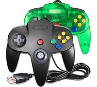 Miadore N64 - Paquete de 2 controladores clásicos N64 con cable USB para PC, mando de control N64 Bit USB con cable para Windows, PC, Mac, Linux, Raspberry Pi 3 Sega Genesis (verde transparente)