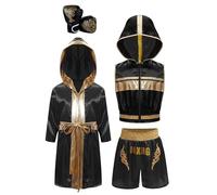 Miaeowve Boxer Traje Niños Niño Muay Thai Robe Satén Capucha Capa con Capucha Pantalones Cortos Boxeo Guantes de Boxeo Artes Marciales Equipo de Combate Set Negro 158-164