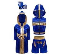 Miaeowve Boxer Traje Niños Niño Muay Thai Robe Satén Capucha Capa con Capucha Pantalones Cortos Boxeo Guantes de Boxeo Artes Marciales Equipo de Combate Set Azul 134-140