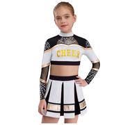Miaeowve Cheer Leader Disfraz para niños y niñas, conjunto de ropa de baile, manga larga, sin vientre, parte superior con líneas A, falda plisada, uniforme de colegiala, color marfil, 122-128