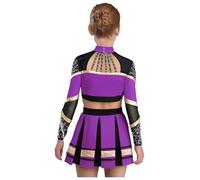 Miaeowve Cheer Leader Disfraz para niños y niñas, conjunto de ropa de baile, manga larga, sin vientre, parte superior con líneas A, falda plisada, uniforme de colegiala, violeta, 158-164
