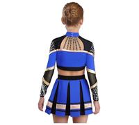 Miaeowve Cheer Leader Disfraz para niños y niñas, conjunto de ropa de baile, manga larga, sin vientre, parte superior con líneas A, falda plisada, uniforme escolar, azul 146-152